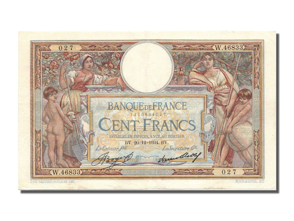 Billet, France, 100 Francs, 100 F 1908-1939 ''Luc Olivier Merson'', 1934