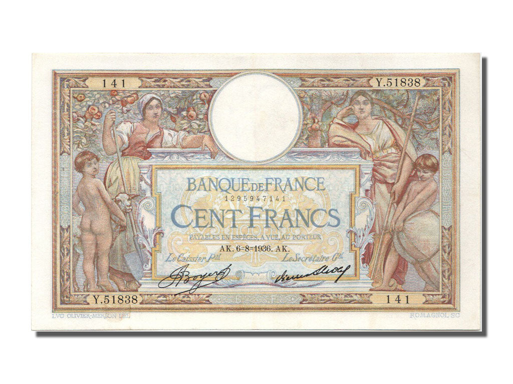 Billet, France, 100 Francs, 100 F 1908-1939 ''Luc Olivier Merson'', 1936