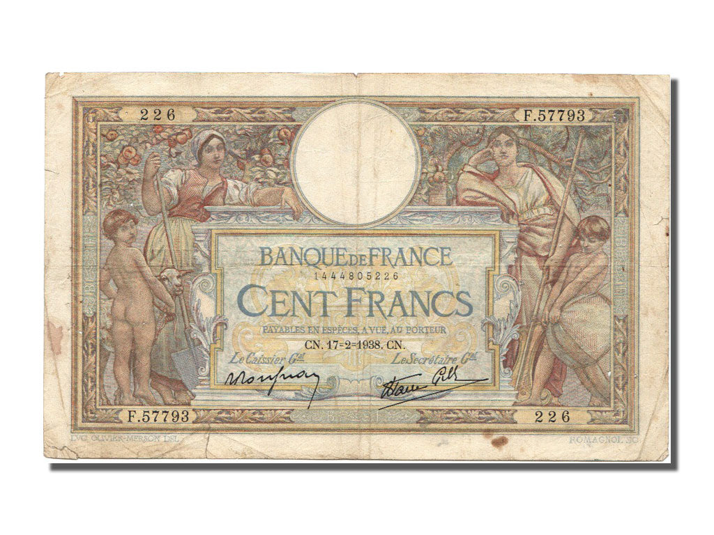 Banknote, France, 100 Francs, 100 F 1908-1939 ''Luc Olivier Merson'', 1938