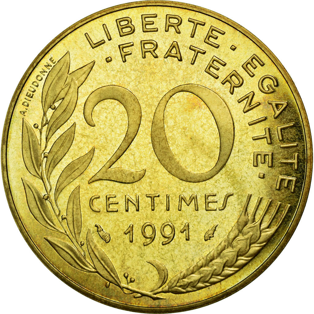 Munten, Frankrijk, Marianne, 20 Centimes, 1991, Paris, FDC, Aluminum-Bronze