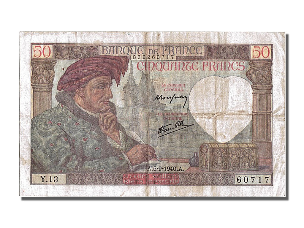 Banknot, Francja, 50 Francs, Jacques Coeur, 1940, 1940-09-05, VF(30-35)