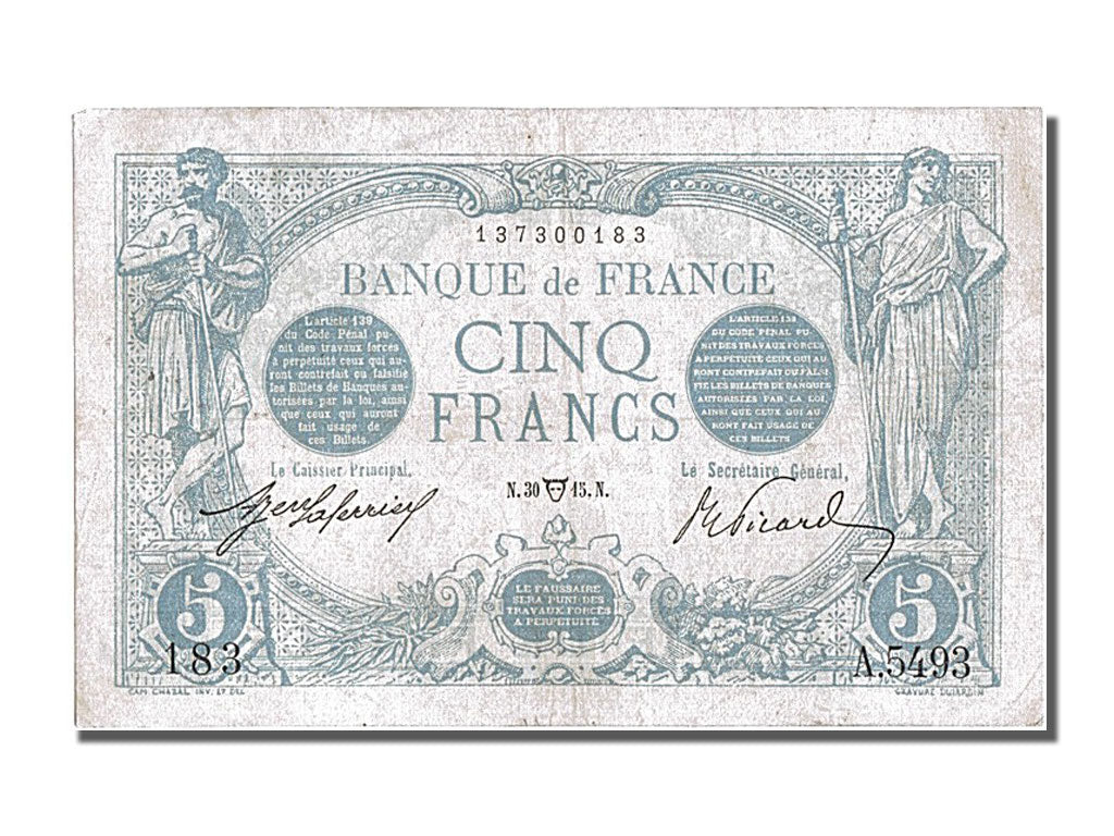 Billet, France, 5 Francs, 5 F 1912-1917 ''Bleu'', 1915, 1915-04-30, TTB+