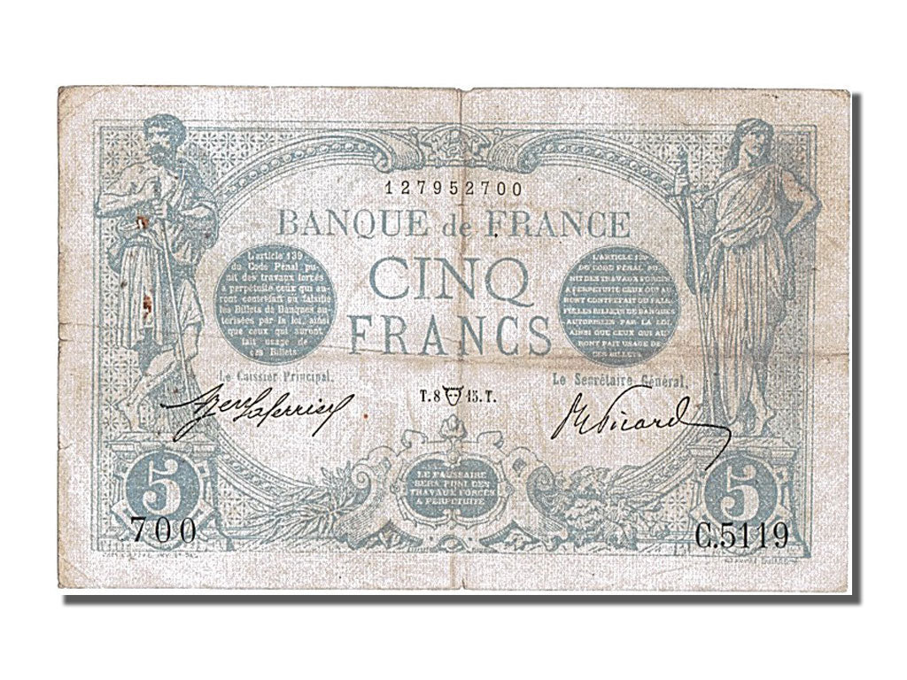 Banconote, Francia, 5 Francs, 5 F 1912-1917 ''Bleu'', 1915, 1915-04-08, BB
