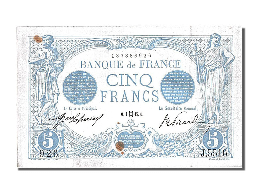Banknote, France, 5 Francs, 5 F 1912-1917 ''Bleu'', 1915, 1915-05-01, EF(40-45)