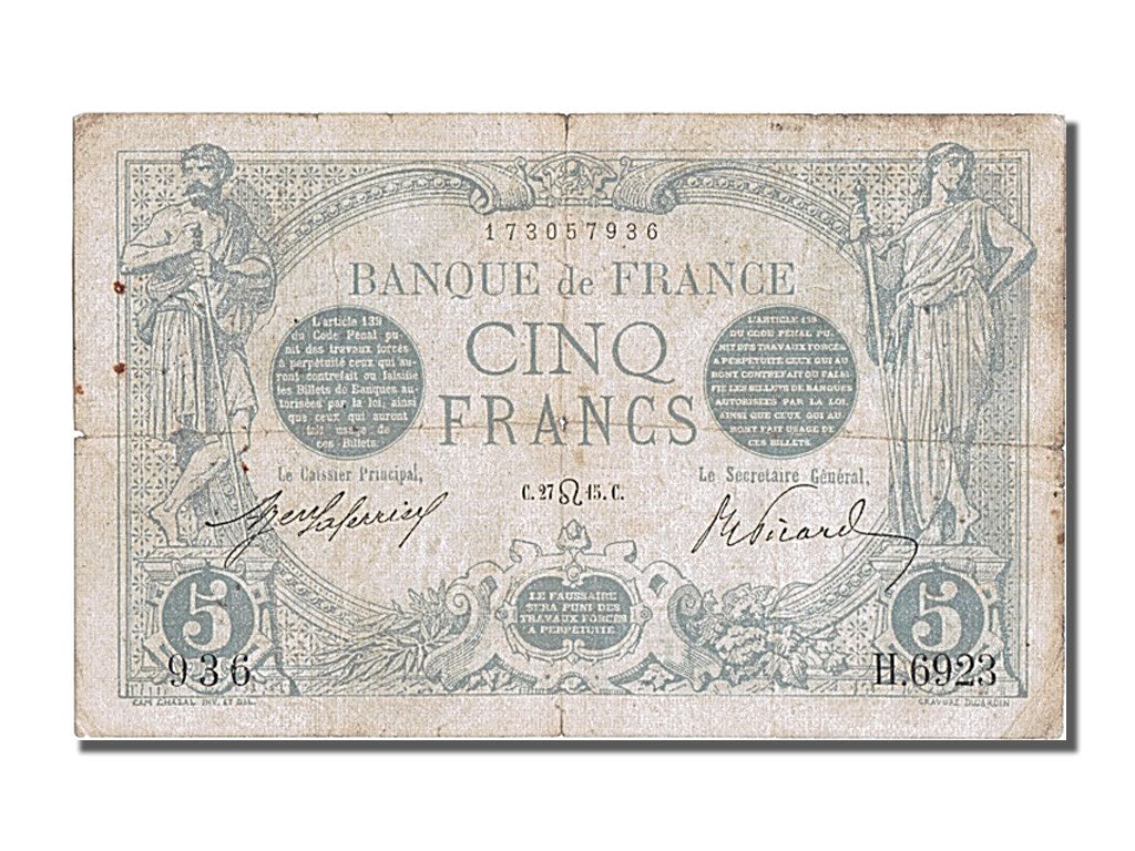 Geldschein, Frankreich, 5 Francs, 5 F 1912-1917 ''Bleu'', 1915, 1915-02-27, S+