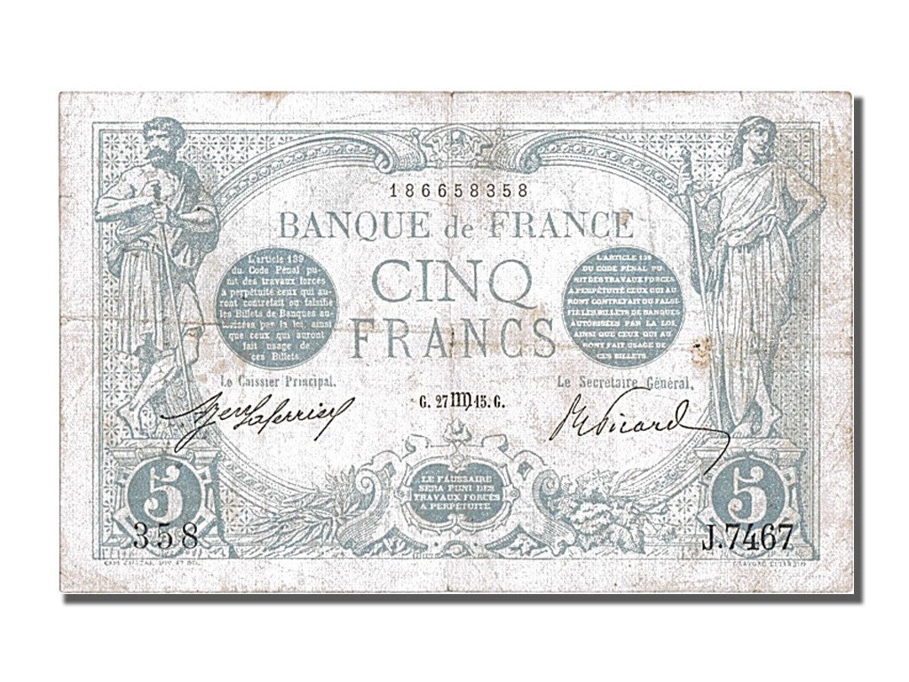 Biljet, Frankrijk, 5 Francs, 5 F 1912-1917 ''Bleu'', 1915, 1915-08-27, TTB