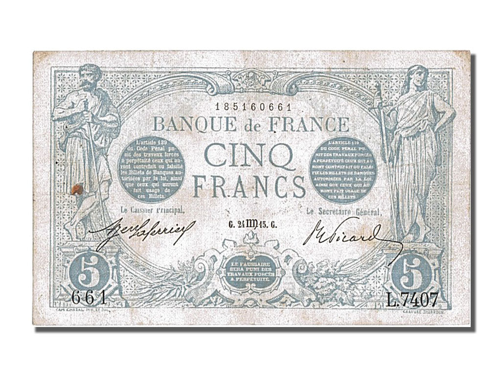 Banknote, France, 5 Francs, 5 F 1912-1917 ''Bleu'', 1915, 1915-08-24, AU(50-53)