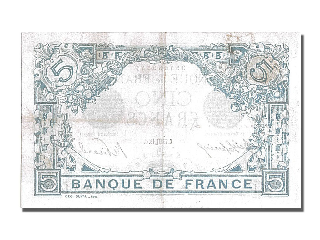 Banknote, France, 5 Francs, 5 F 1912-1917 ''Bleu'', 1916, 1916-08-07, AU(50-53)