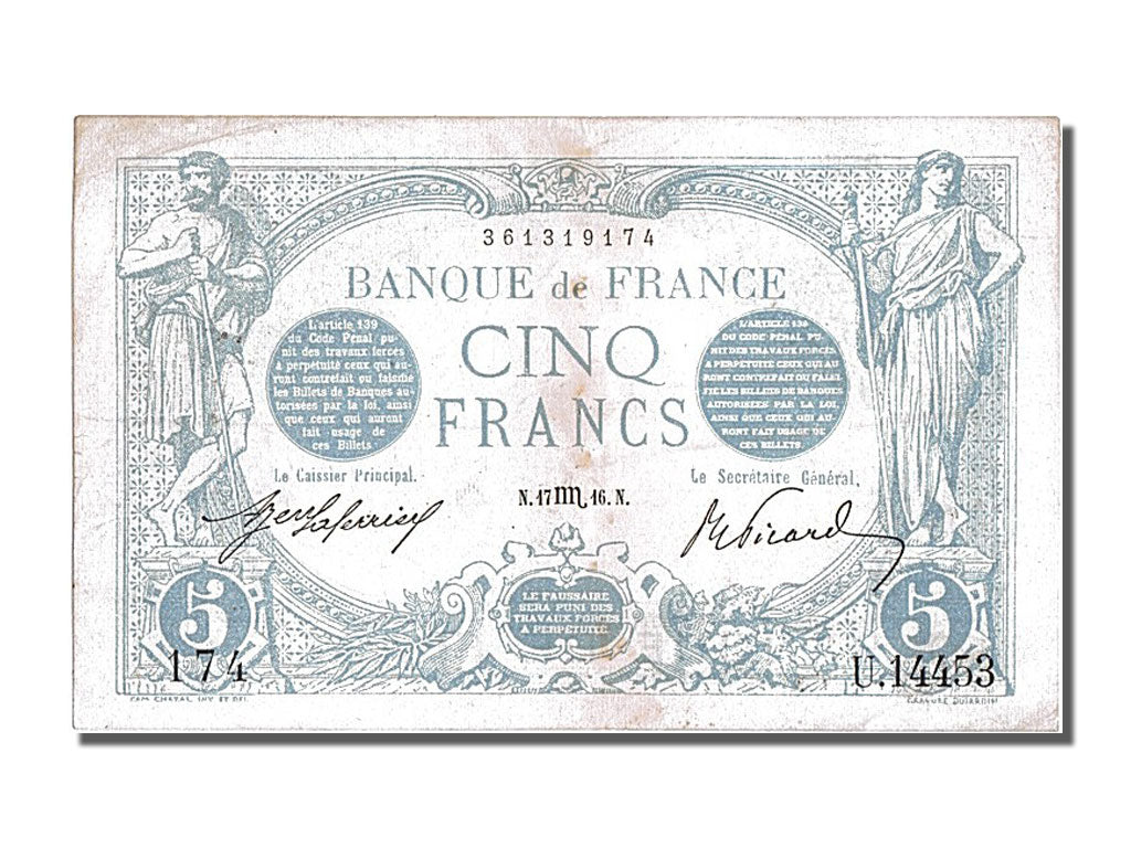 Banconote, Francia, 5 Francs, 5 F 1912-1917 ''Bleu'', 1916, 1916-10-17, BB+