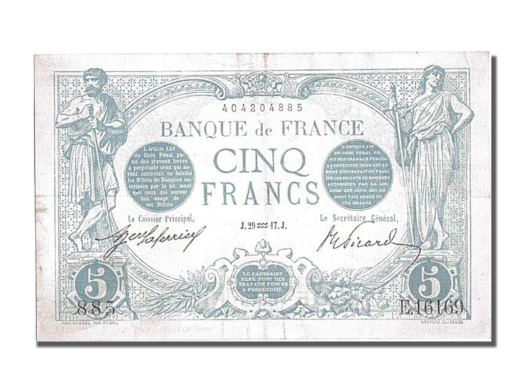 Banconote, Francia, 5 Francs, 5 F 1912-1917 ''Bleu'', 1917, 1917-01-20, SPL