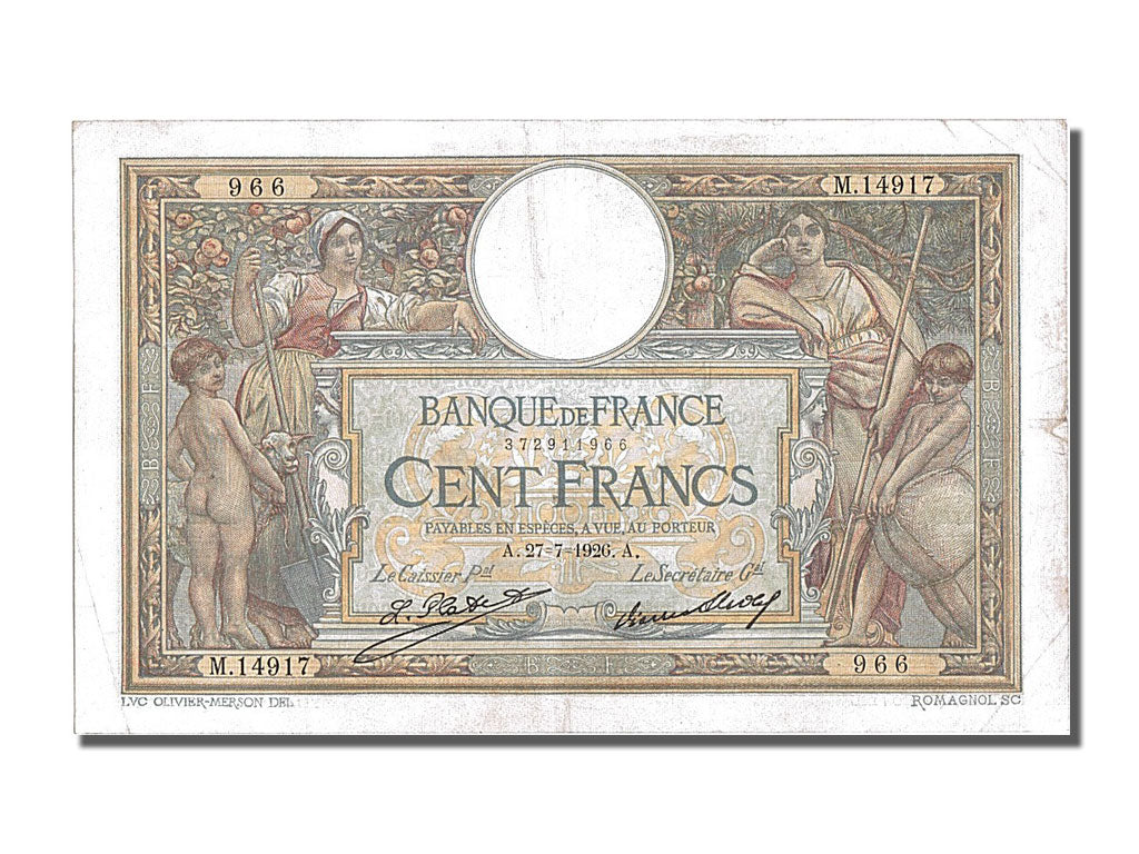 Banknote, France, 100 Francs, 100 F 1908-1939 ''Luc Olivier Merson'', 1926