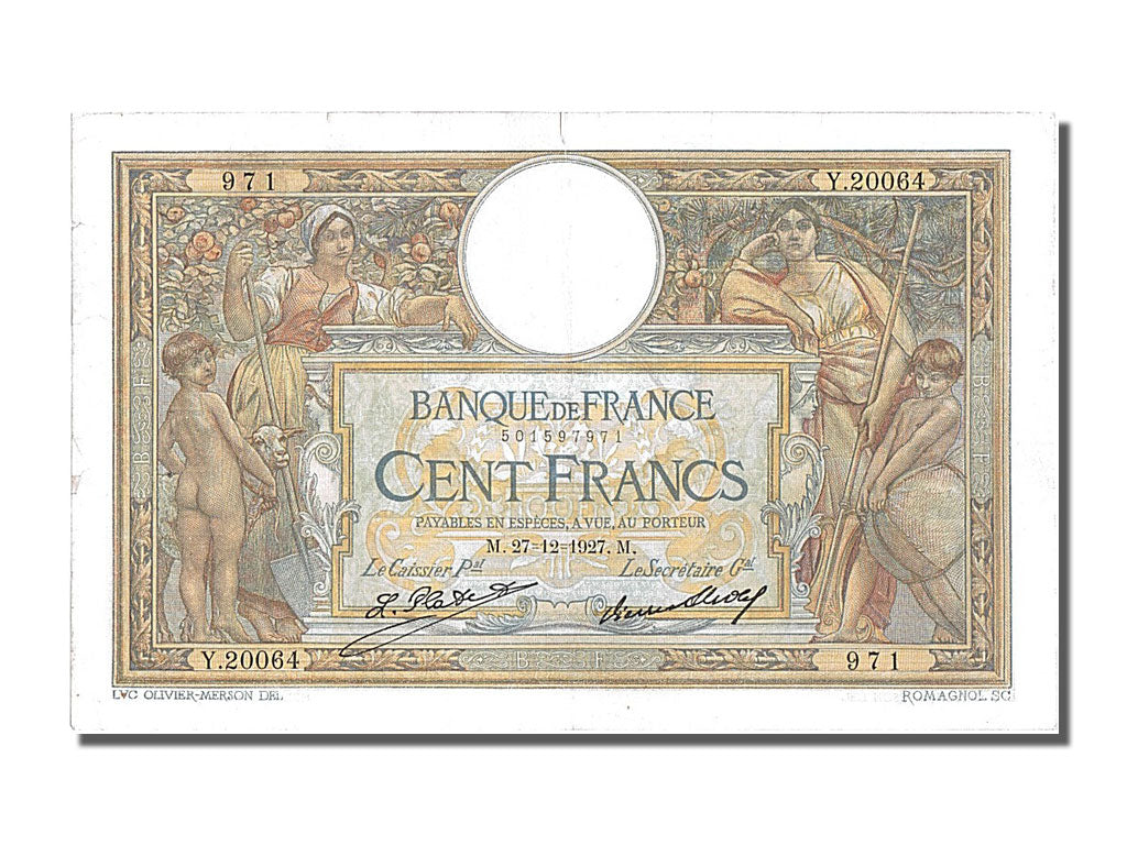 Banknote, France, 100 Francs, 100 F 1908-1939 ''Luc Olivier Merson'', 1927
