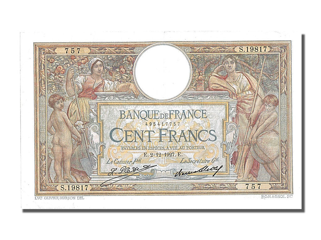 Banknote, France, 100 Francs, 100 F 1908-1939 ''Luc Olivier Merson'', 1927