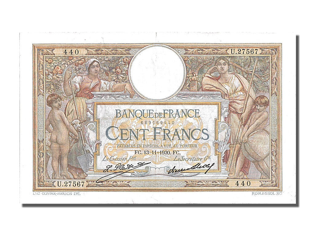Banknote, France, 100 Francs, 100 F 1908-1939 ''Luc Olivier Merson'', 1930