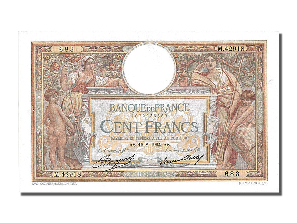 Billet, France, 100 Francs, 100 F 1908-1939 ''Luc Olivier Merson'', 1934