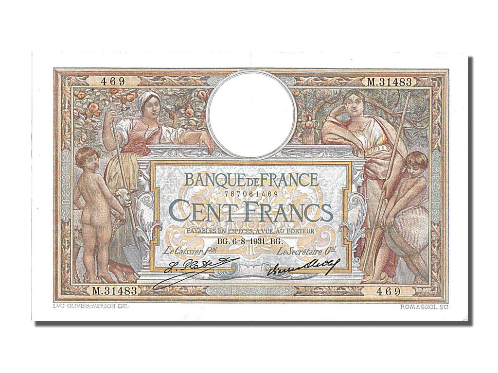 Banknote, France, 100 Francs, 100 F 1908-1939 ''Luc Olivier Merson'', 1931
