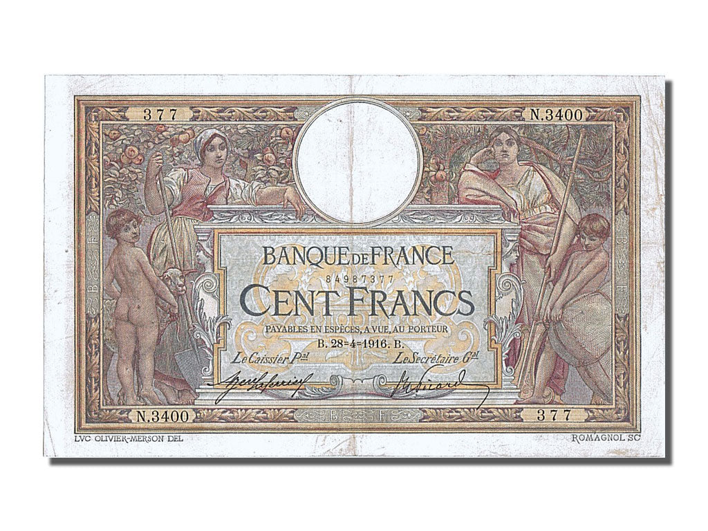 Banknote, France, 100 Francs, 100 F 1908-1939 ''Luc Olivier Merson'', 1916