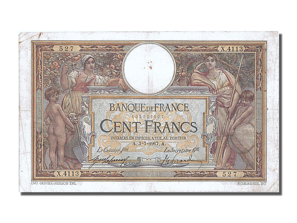 Banknote, France, 100 Francs, 100 F 1908-1939 ''Luc Olivier Merson'', 1917