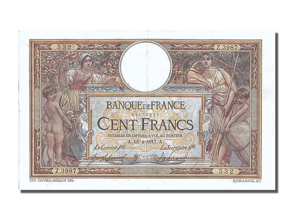 Banknote, France, 100 Francs, 100 F 1908-1939 ''Luc Olivier Merson'', 1917