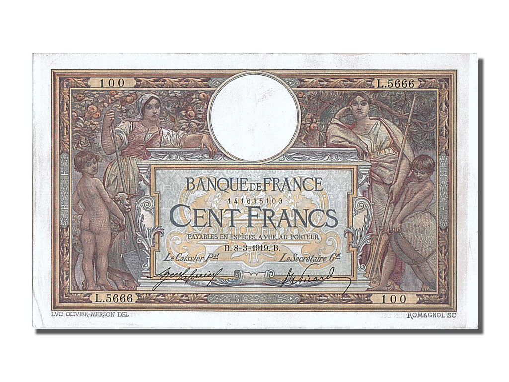 Banknote, France, 100 Francs, 100 F 1908-1939 ''Luc Olivier Merson'', 1919