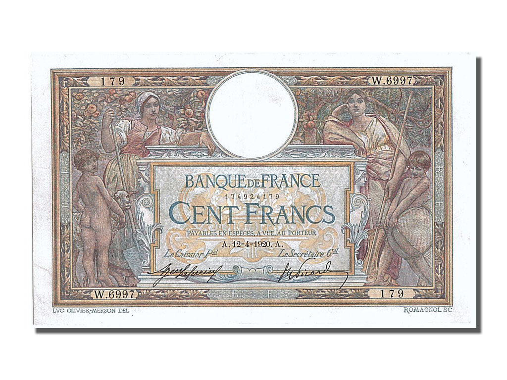 Banknote, France, 100 Francs, 100 F 1908-1939 ''Luc Olivier Merson'', 1920