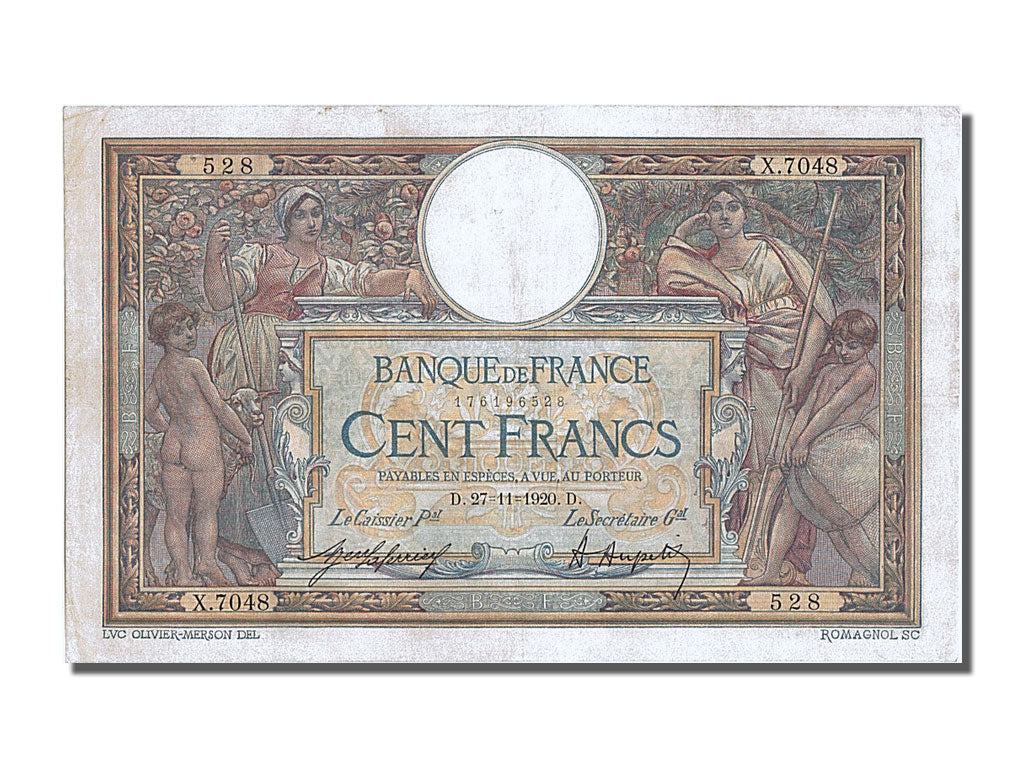 Banknote, France, 100 Francs, 100 F 1908-1939 ''Luc Olivier Merson'', 1920