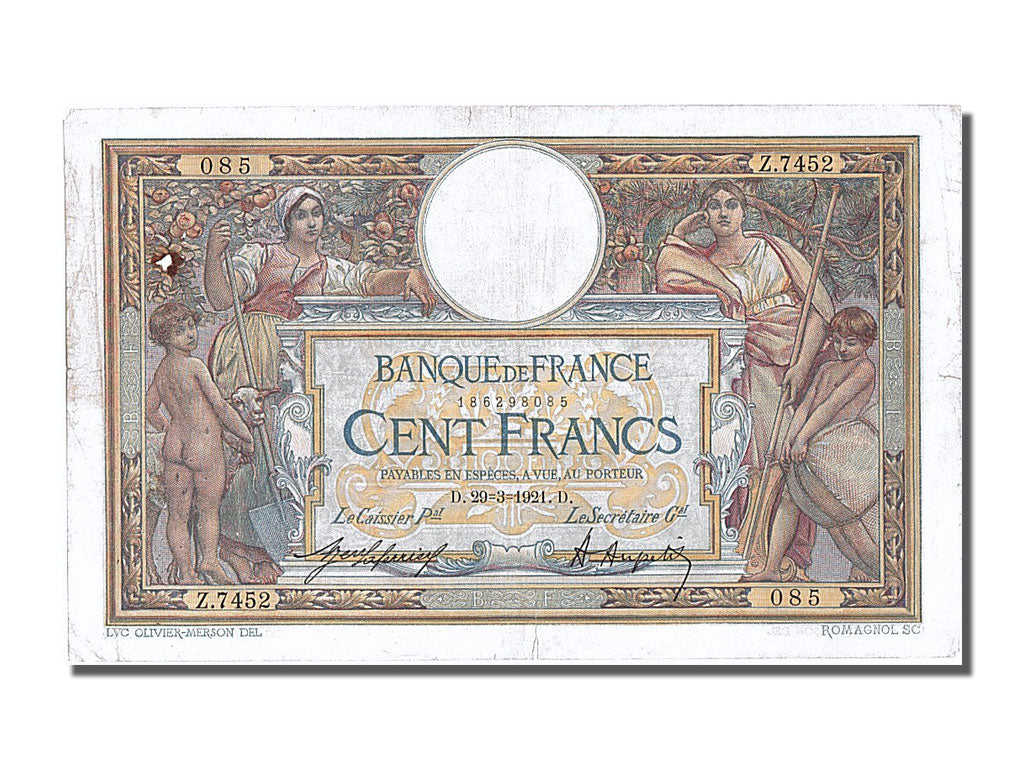 Banknote, France, 100 Francs, 100 F 1908-1939 ''Luc Olivier Merson'', 1921