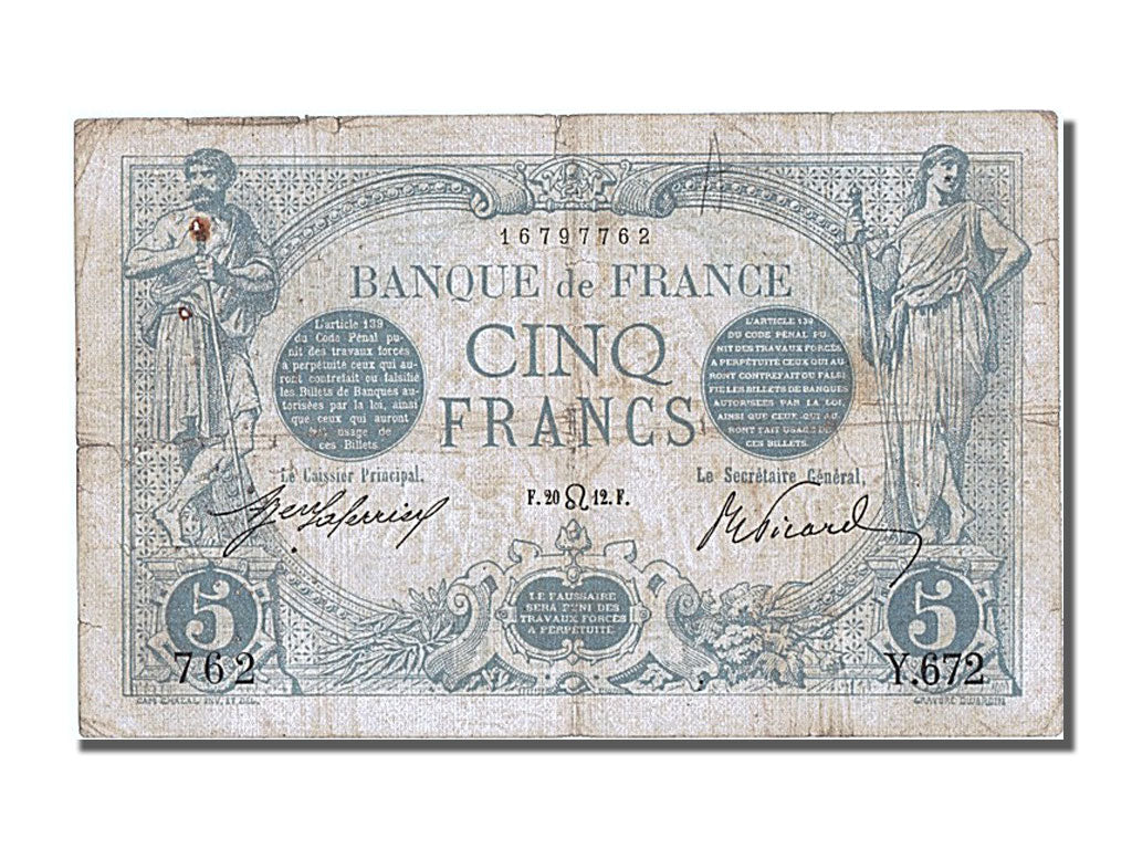 Banconote, Francia, 5 Francs, 5 F 1912-1917 ''Bleu'', 1912, 1912-07-20, MB+