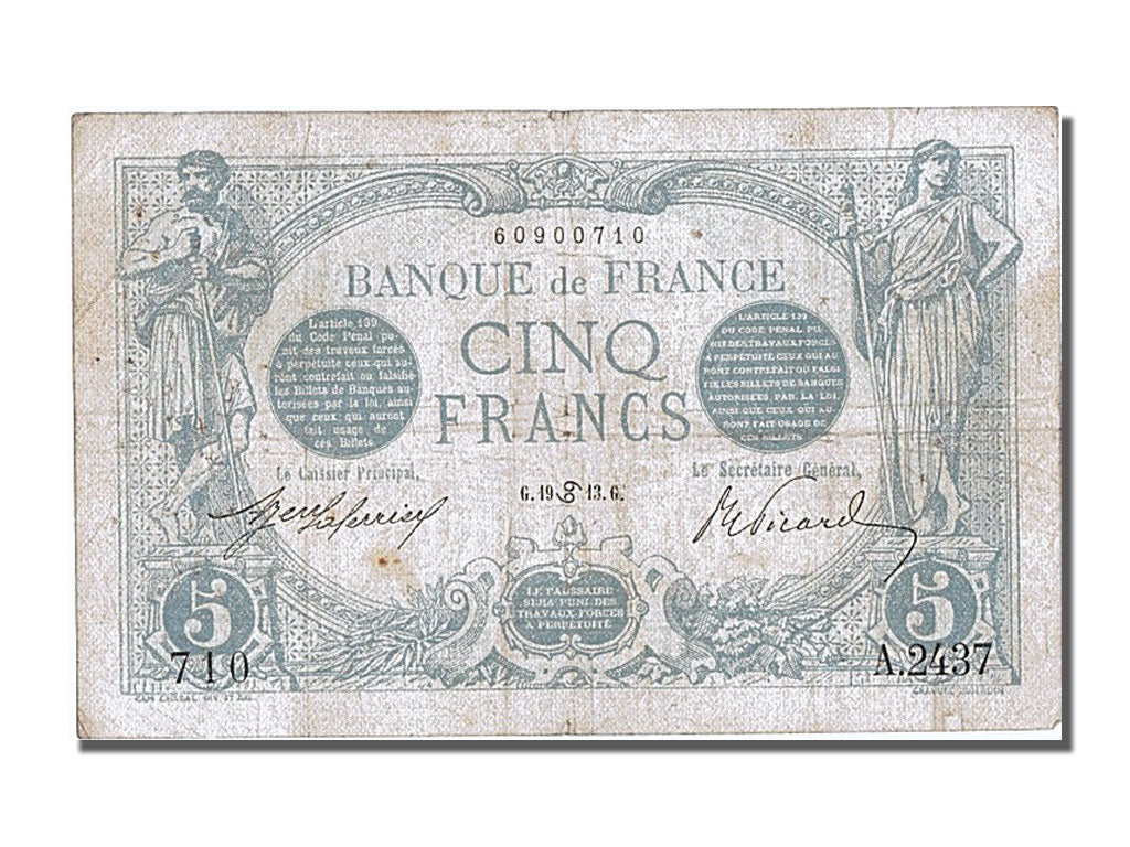 Banknote, France, 5 Francs, 5 F 1912-1917 ''Bleu'', 1913, 1913-06-19, EF(40-45)