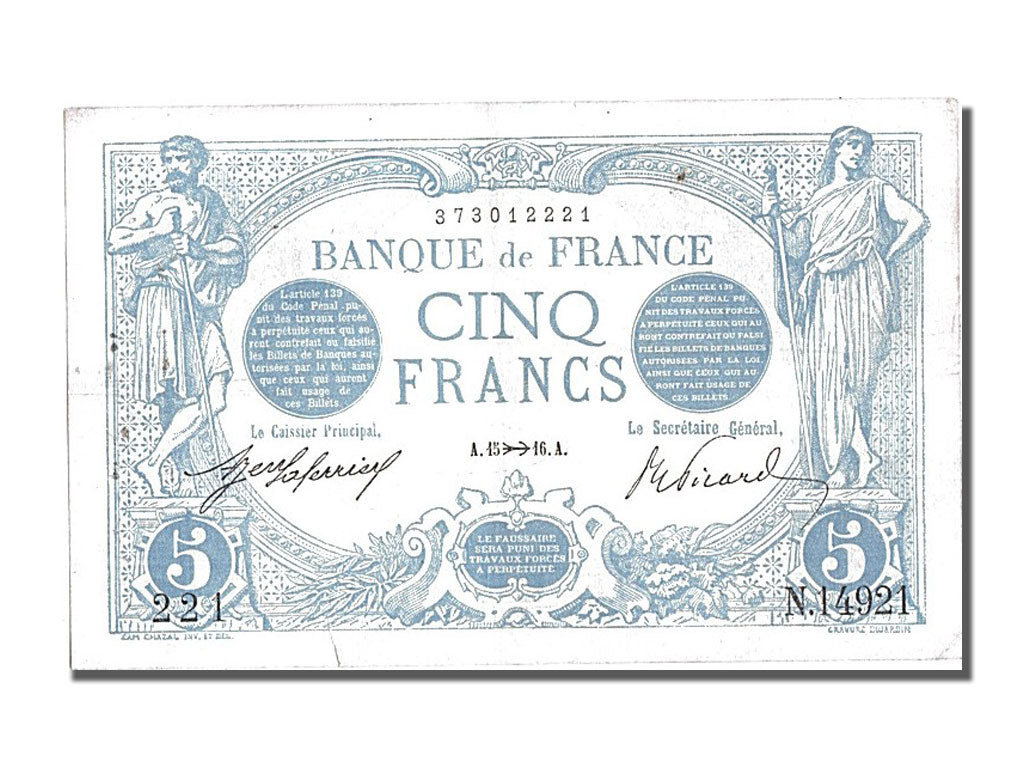 Banknote, France, 5 Francs, 5 F 1912-1917 ''Bleu'', 1916, 1916-11-15, AU(50-53)