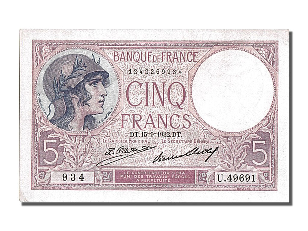 Banknote, France, 5 Francs, 5 F 1917-1940 ''Violet'', 1932, 1932-09-15, UNC(63)