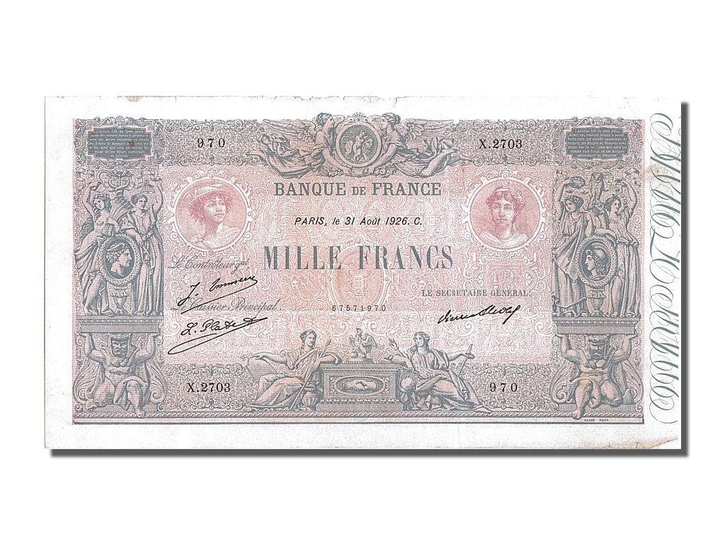 Geldschein, Frankreich, 1000 Francs, 1 000 F 1889-1926 ''Bleu et Rose'', 1926