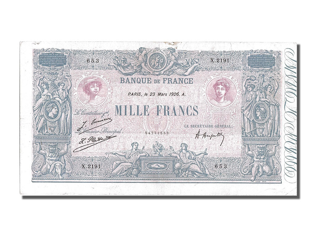 Geldschein, Frankreich, 1000 Francs, 1 000 F 1889-1926 ''Bleu et Rose'', 1926