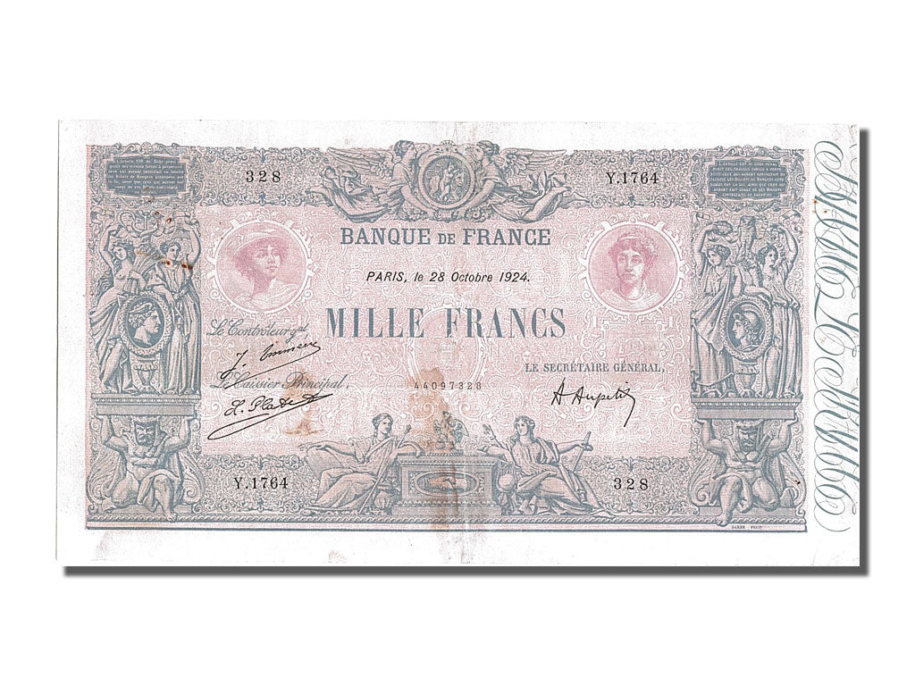 Geldschein, Frankreich, 1000 Francs, 1 000 F 1889-1926 ''Bleu et Rose'', 1924