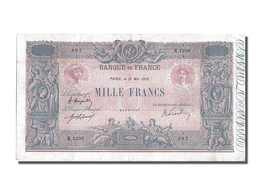 Geldschein, Frankreich, 1000 Francs, 1 000 F 1889-1926 ''Bleu et Rose'', 1919
