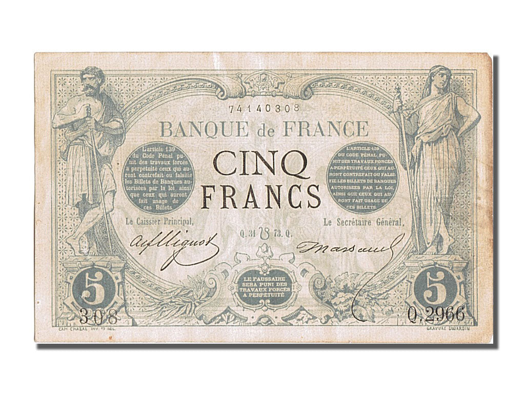 Biljet, Frankrijk, 5 Francs, 5 F 1871-1874 ''Noir'', 1873, 1873-07-31, SUP+