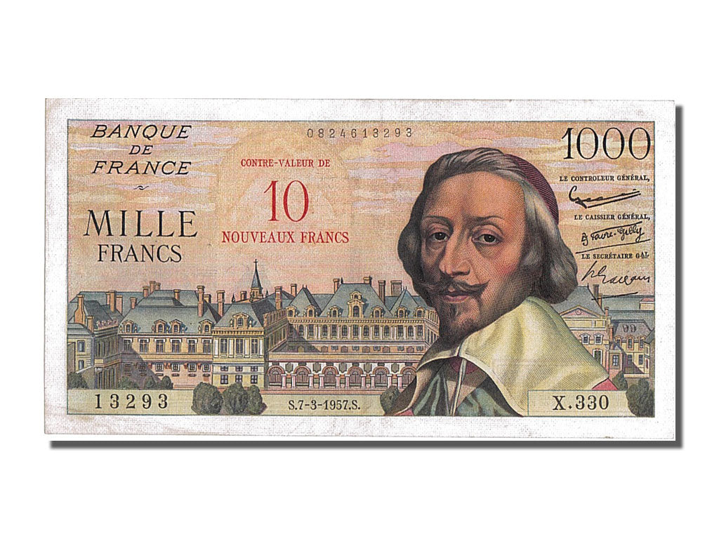 Geldschein, Frankreich, 10 Nouveaux Francs on 1000 Francs, 1955-1959 Overprinted