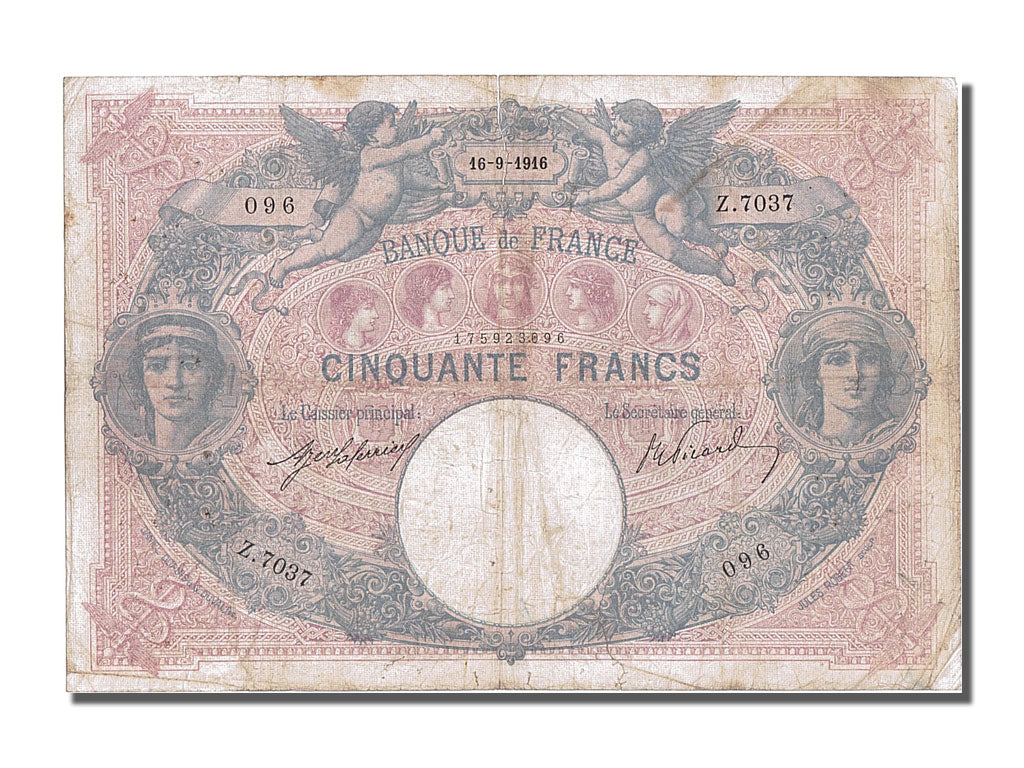 Banknot, Francja, 50 Francs, Bleu et Rose, 1916, 1916-09-16, VF(30-35)