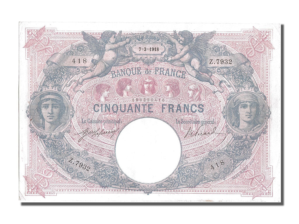 Banconote, Francia, 50 Francs, 50 F 1889-1927 ''Bleu et Rose'', 1918