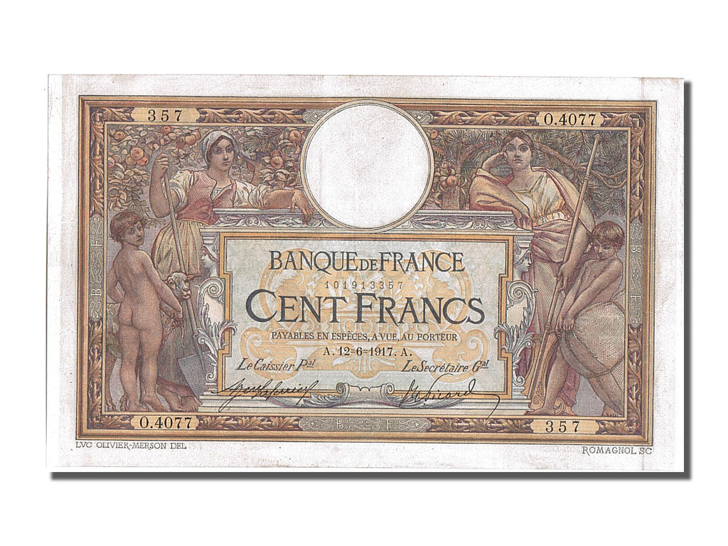 Banknote, France, 100 Francs, 100 F 1908-1939 ''Luc Olivier Merson'', 1917