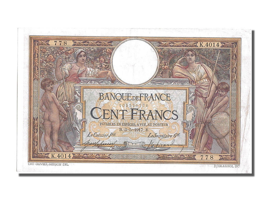 Banknote, France, 100 Francs, 100 F 1908-1939 ''Luc Olivier Merson'', 1917