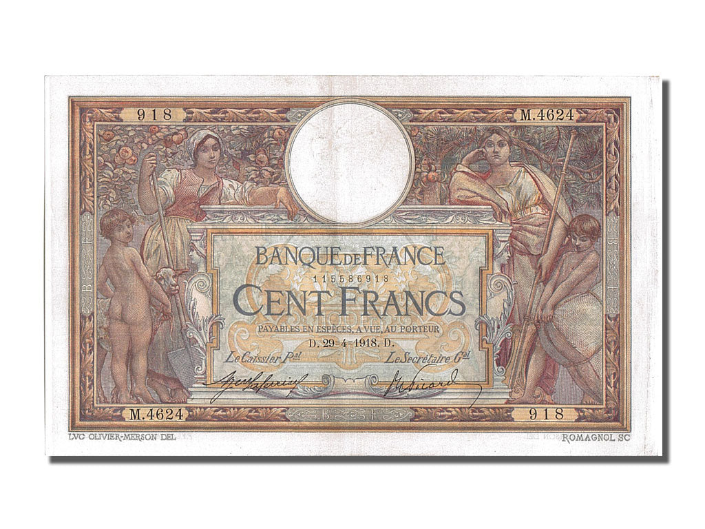 Banknote, France, 100 Francs, 100 F 1908-1939 ''Luc Olivier Merson'', 1918