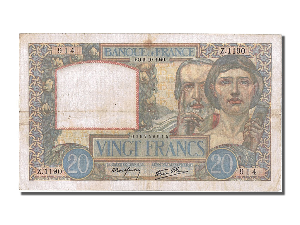 Billete, Francia, 20 Francs, 20 F 1939-1942 ''Science et Travail'', 1940