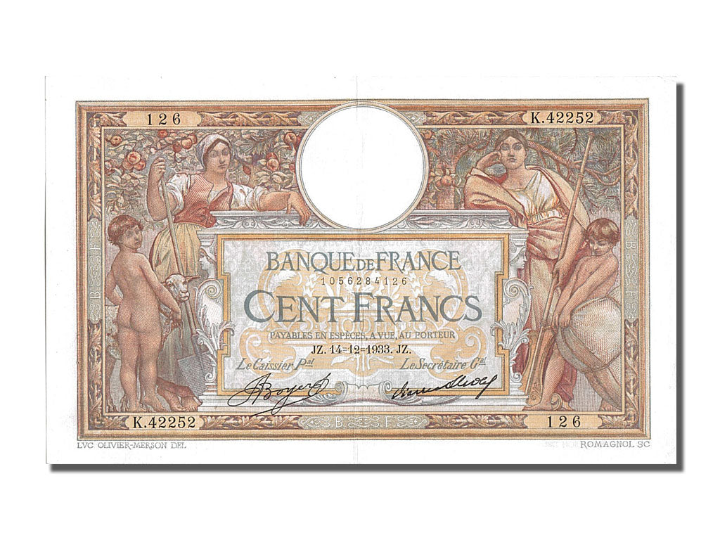 Banknote, France, 100 Francs, 100 F 1908-1939 ''Luc Olivier Merson'', 1933