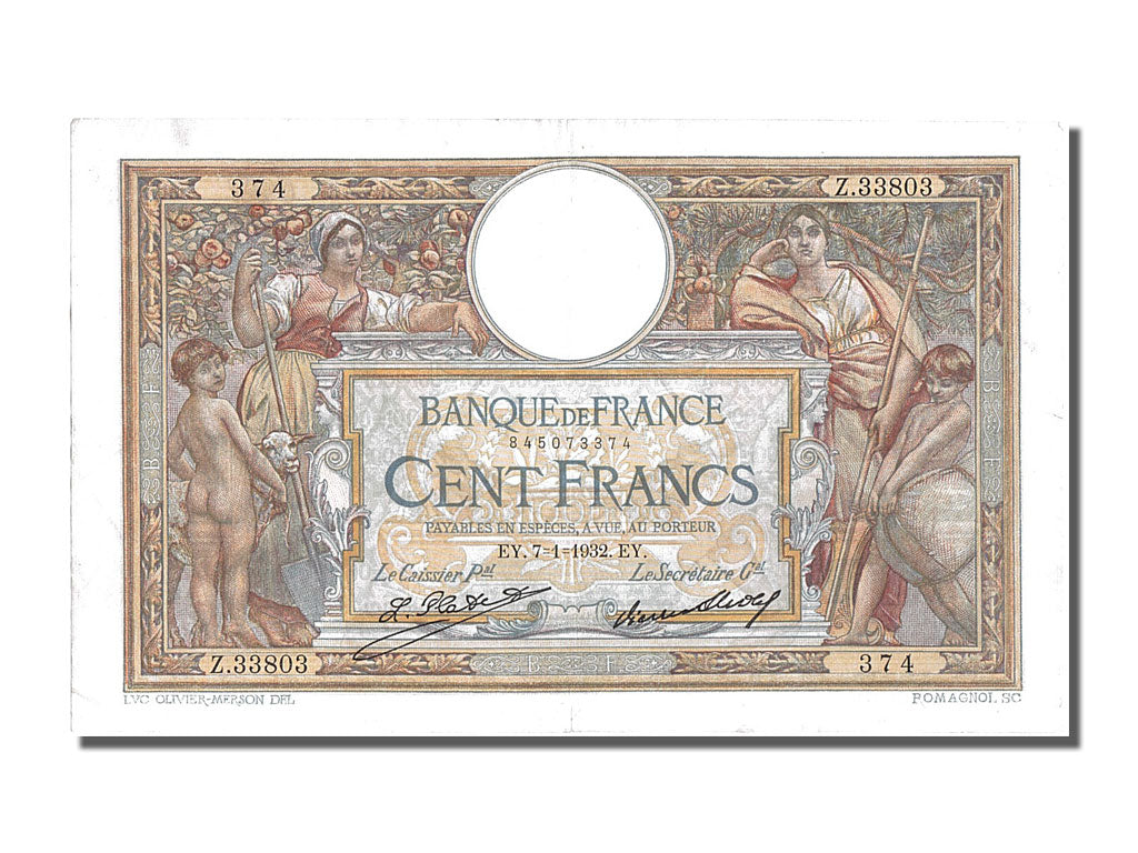 Banknote, France, 100 Francs, 100 F 1908-1939 ''Luc Olivier Merson'', 1932