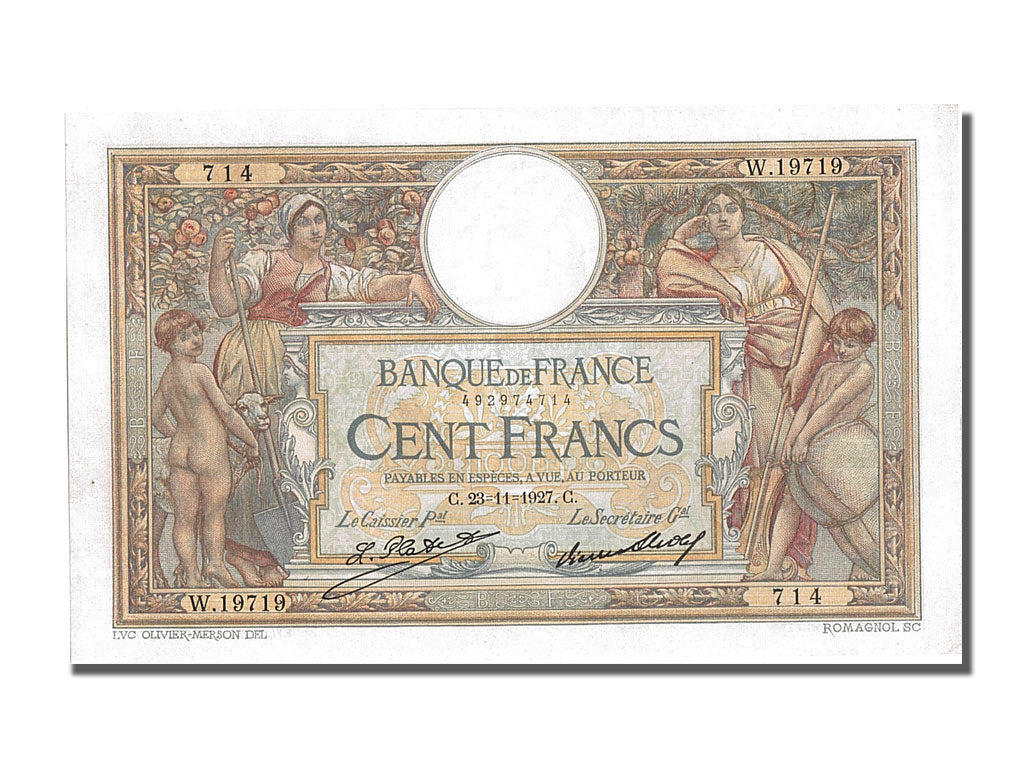 Biljet, Frankrijk, 100 Francs, 100 F 1908-1939 ''Luc Olivier Merson'', 1927