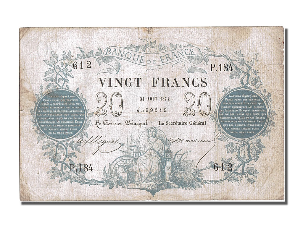 France, 20 Francs, ...-1889 Circulated during XIXth, 1871-08-31, P.184