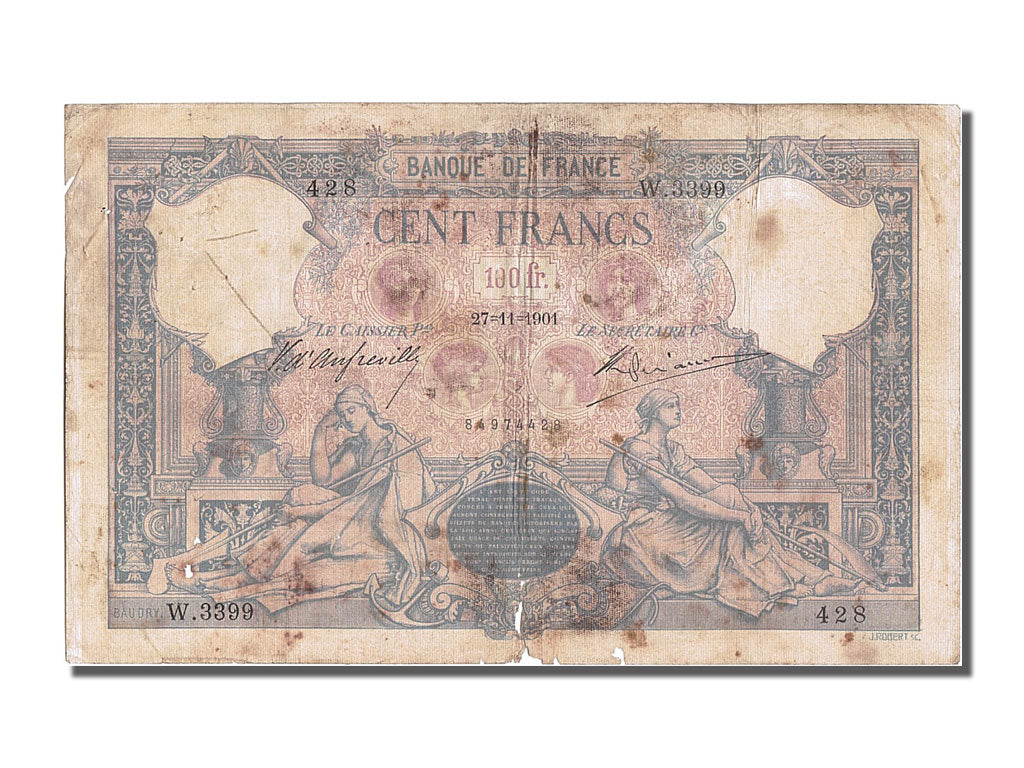 Banknote, France, 100 Francs, 100 F 1888-1909 ''Bleu et Rose'', 1901