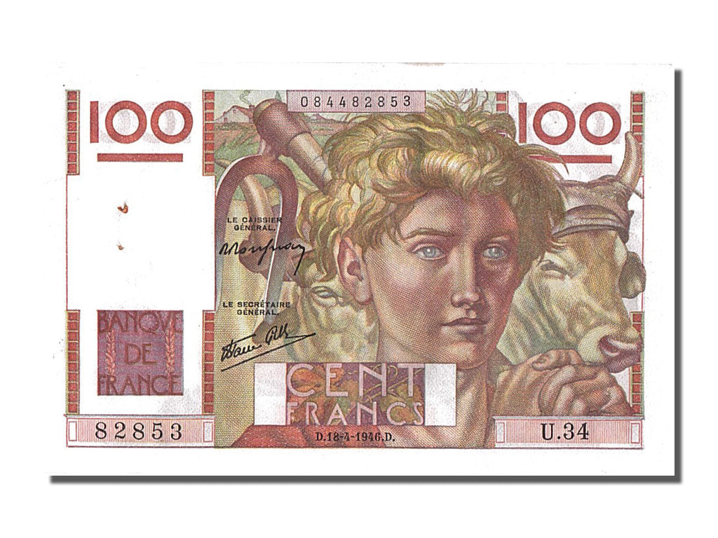 Billet, France, 100 Francs, 100 F 1945-1954 ''Jeune Paysan'', 1946, 1946-04-18