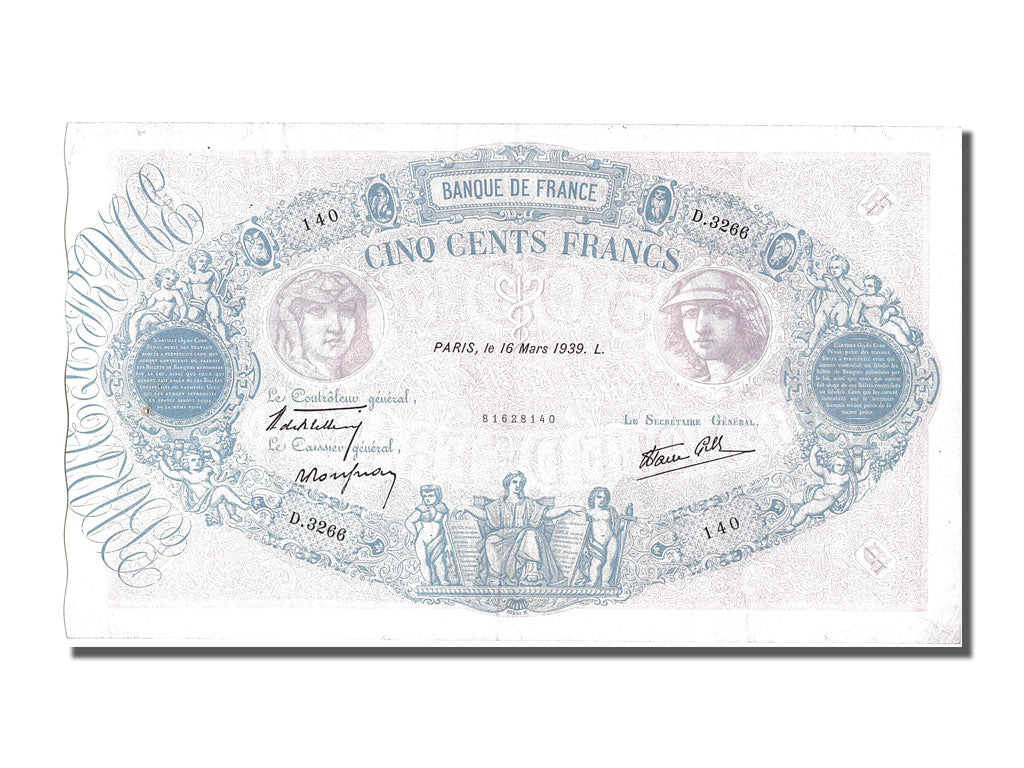 Billete, Francia, 500 Francs, 500 F 1888-1940 ''Bleu et Rose'', 1939